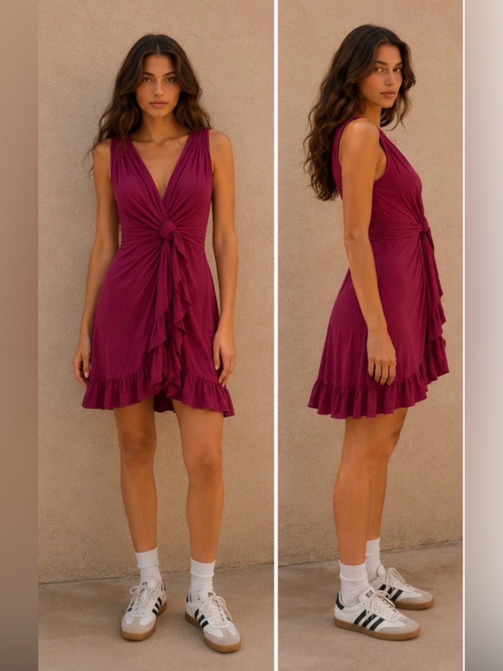 Free People faux wrap mini dress in a rich berry-magenta shade